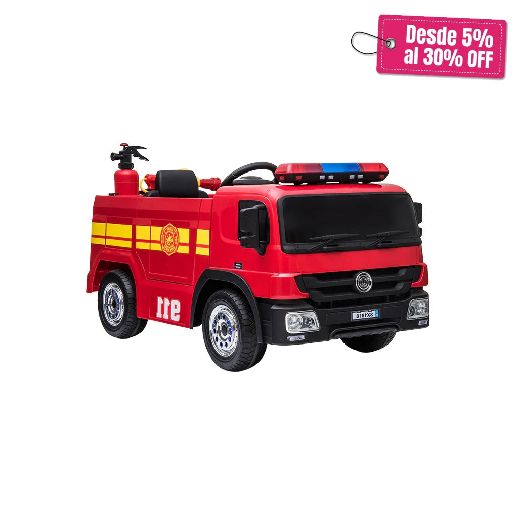 Carro Eléctrico Montable de Bomberos Rojo con Control Remoto y Pistola de Agua