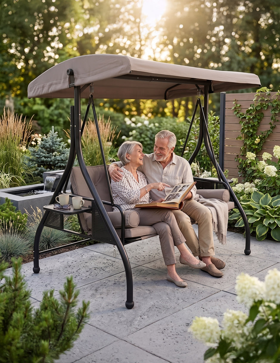 Banca Columpio Mecedora Grecia Beige para Jardín 2 en 1 Reclinable a Cama con Toldo y Portavasos