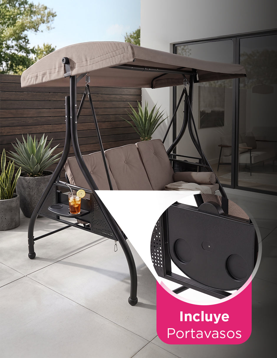 Banca Columpio Mecedora Grecia Beige para Jardín 2 en 1 Reclinable a Cama con Toldo y Portavasos