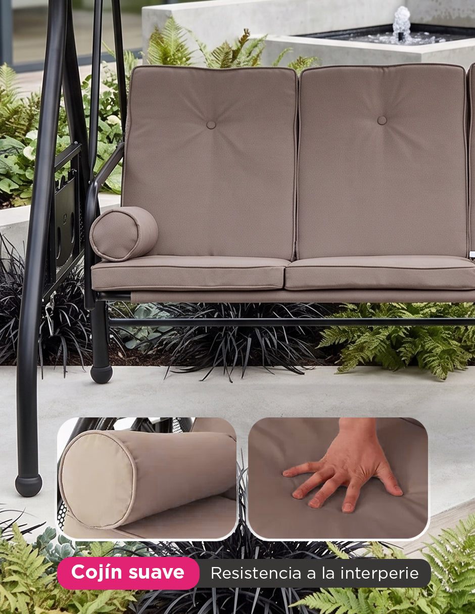 Banca Columpio Mecedora Grecia Beige para Jardín 2 en 1 Reclinable a Cama con Toldo y Portavasos