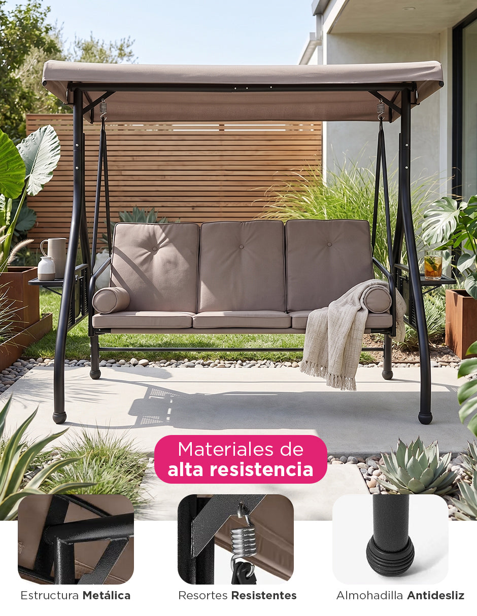 Banca Columpio Mecedora Grecia Beige para Jardín 2 en 1 Reclinable a Cama con Toldo y Portavasos