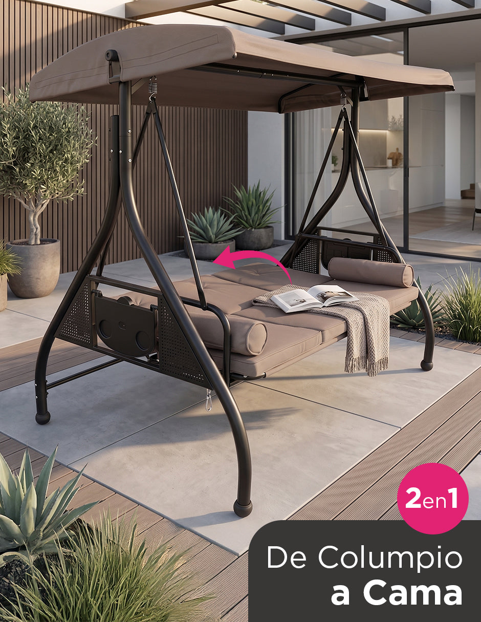 Banca Columpio Mecedora Grecia Beige para Jardín 2 en 1 Reclinable a Cama con Toldo y Portavasos