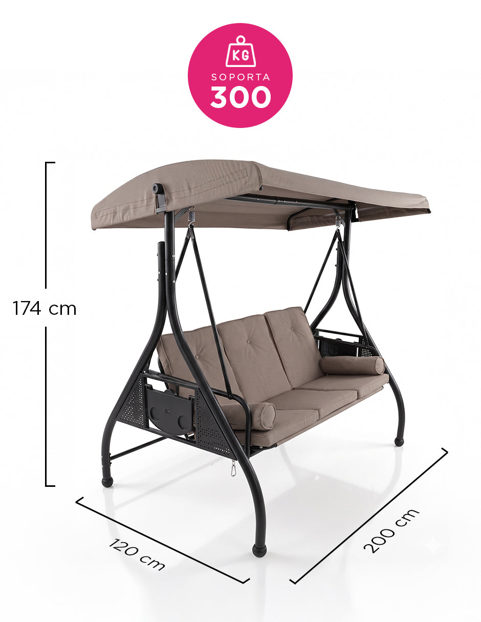 Banca Columpio Mecedora Grecia Beige para Jardín 2 en 1 Reclinable a Cama con Toldo y Portavasos