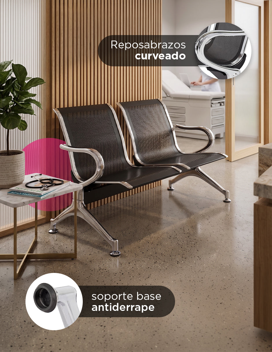 Banca De Espera Tándem 2 Asientos Estructura Cromado Asientos Negro (Tándem)