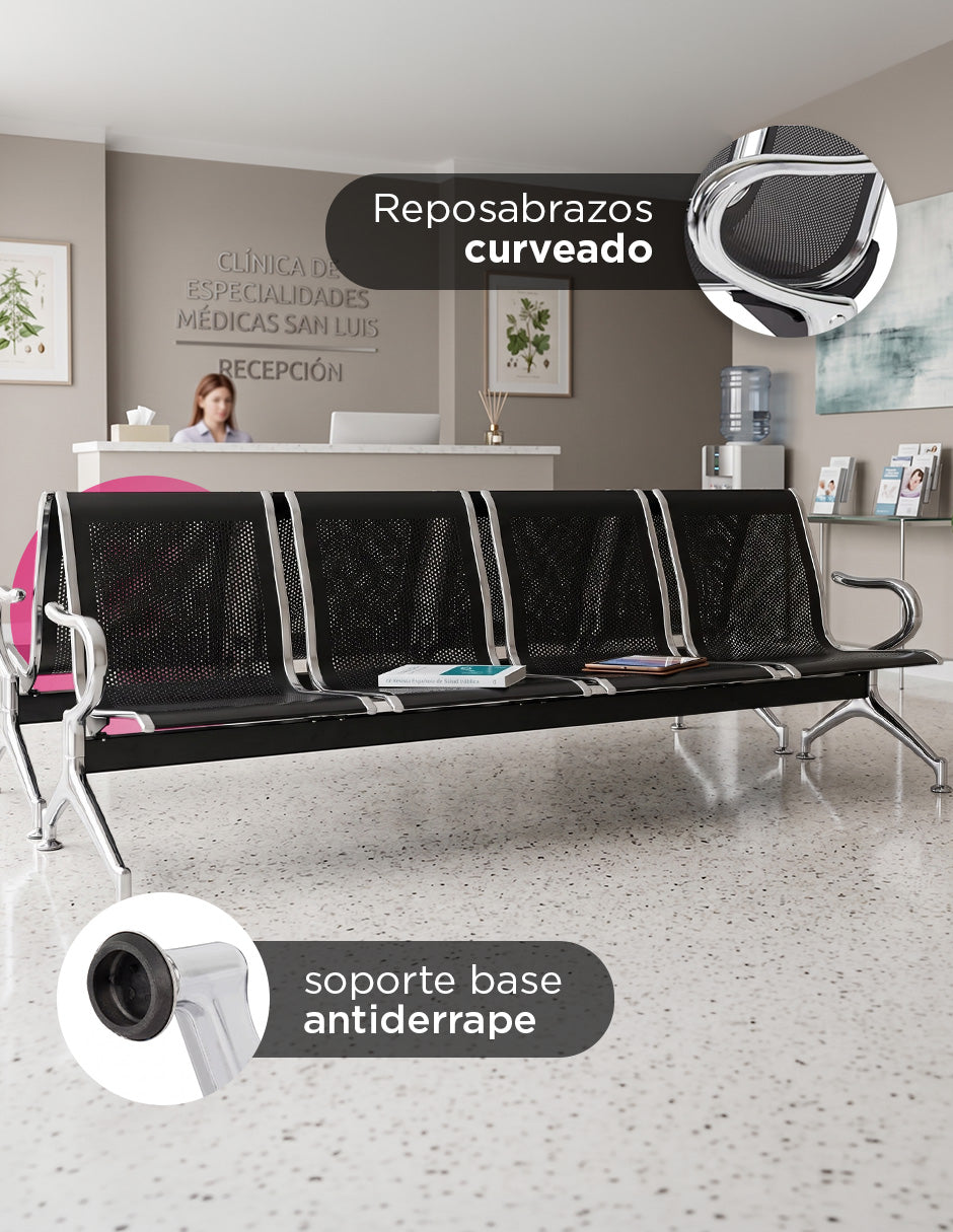 Banca De Espera Tándem 4 Asientos Estructura Cromado Asientos Negro (Tándem)