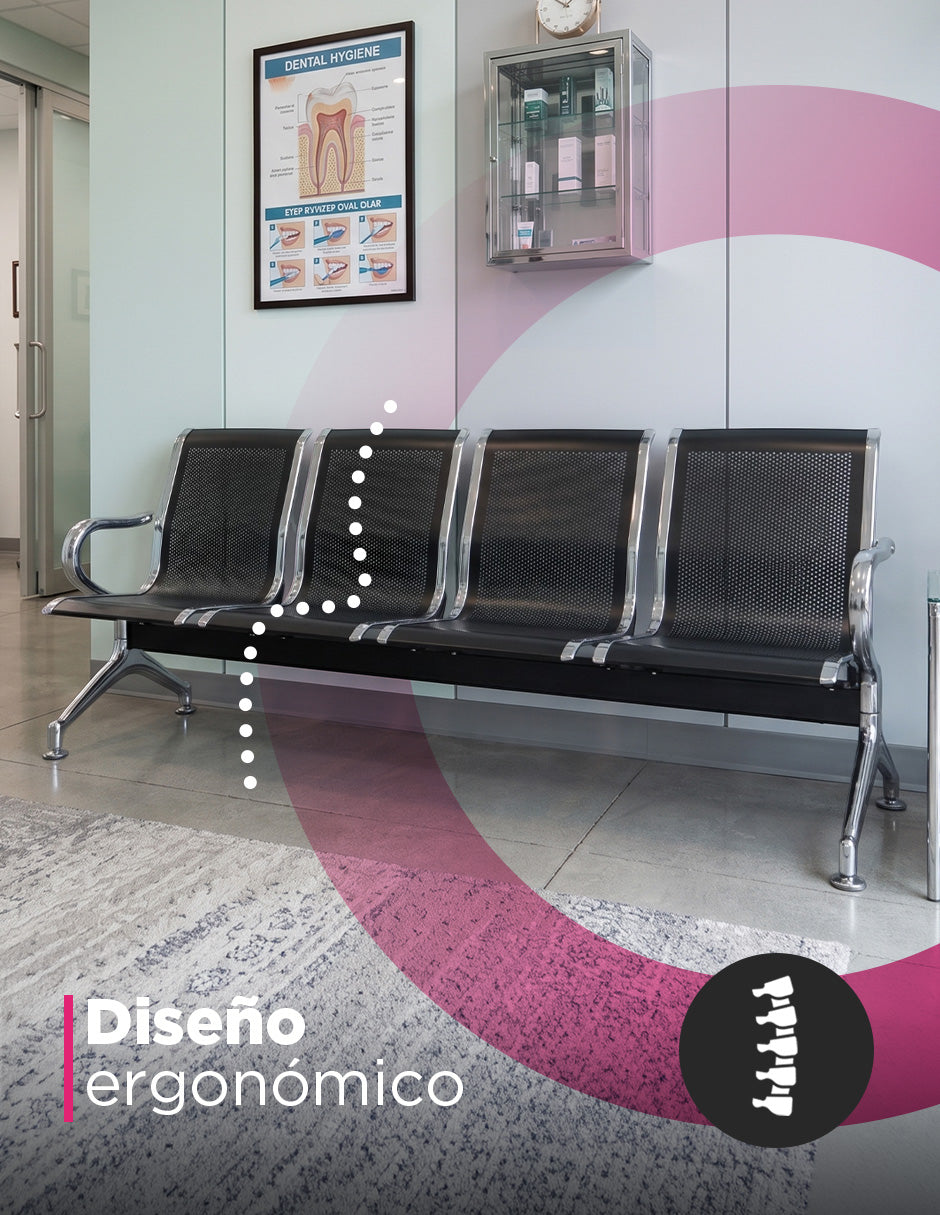 Banca De Espera Tándem 4 Asientos Estructura Cromado Asientos Negro (Tándem)