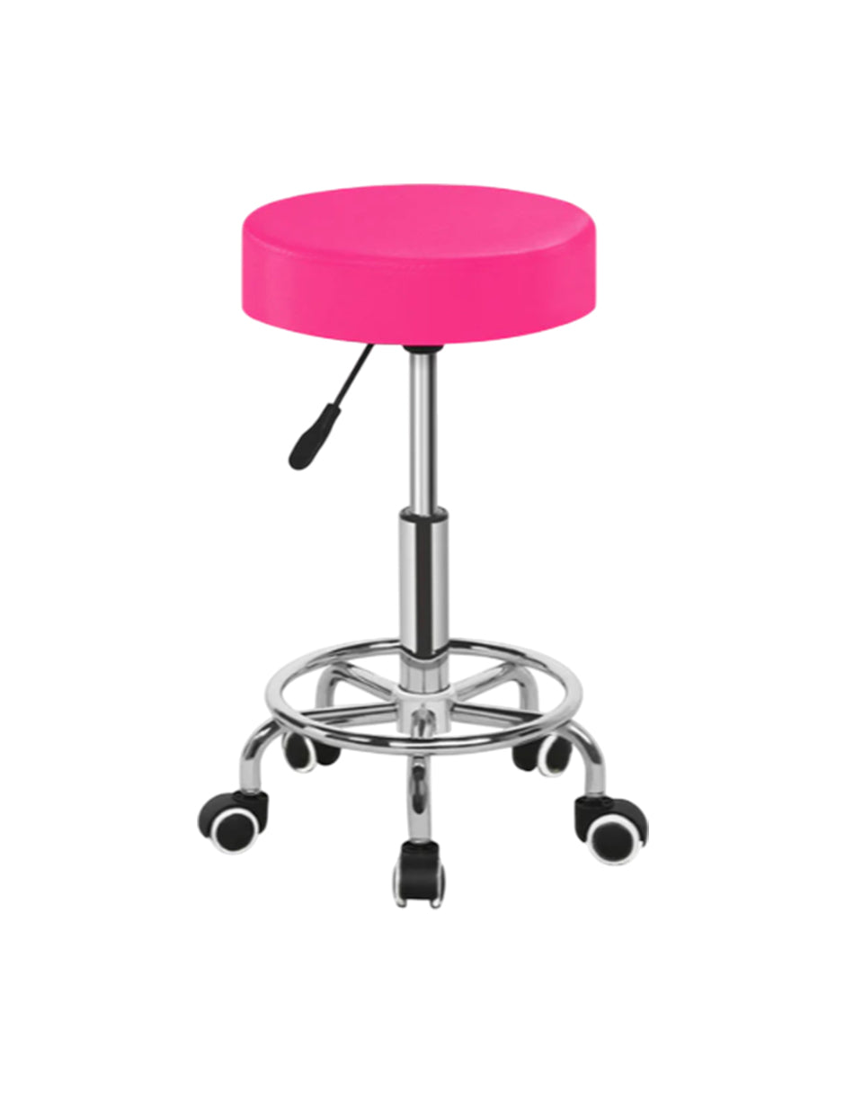 Banco Taburete Giratorio Rosa con Altura Ajustable Hidráulica, Base de Acero Cromado y 5 Ruedas Multisuperficie