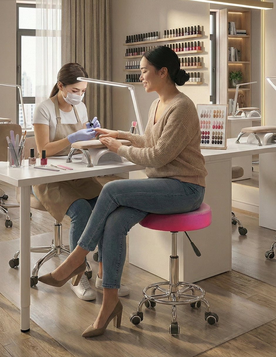 Banco Taburete Giratorio Rosa con Altura Ajustable Hidráulica, Base de Acero Cromado y 5 Ruedas Multisuperficie