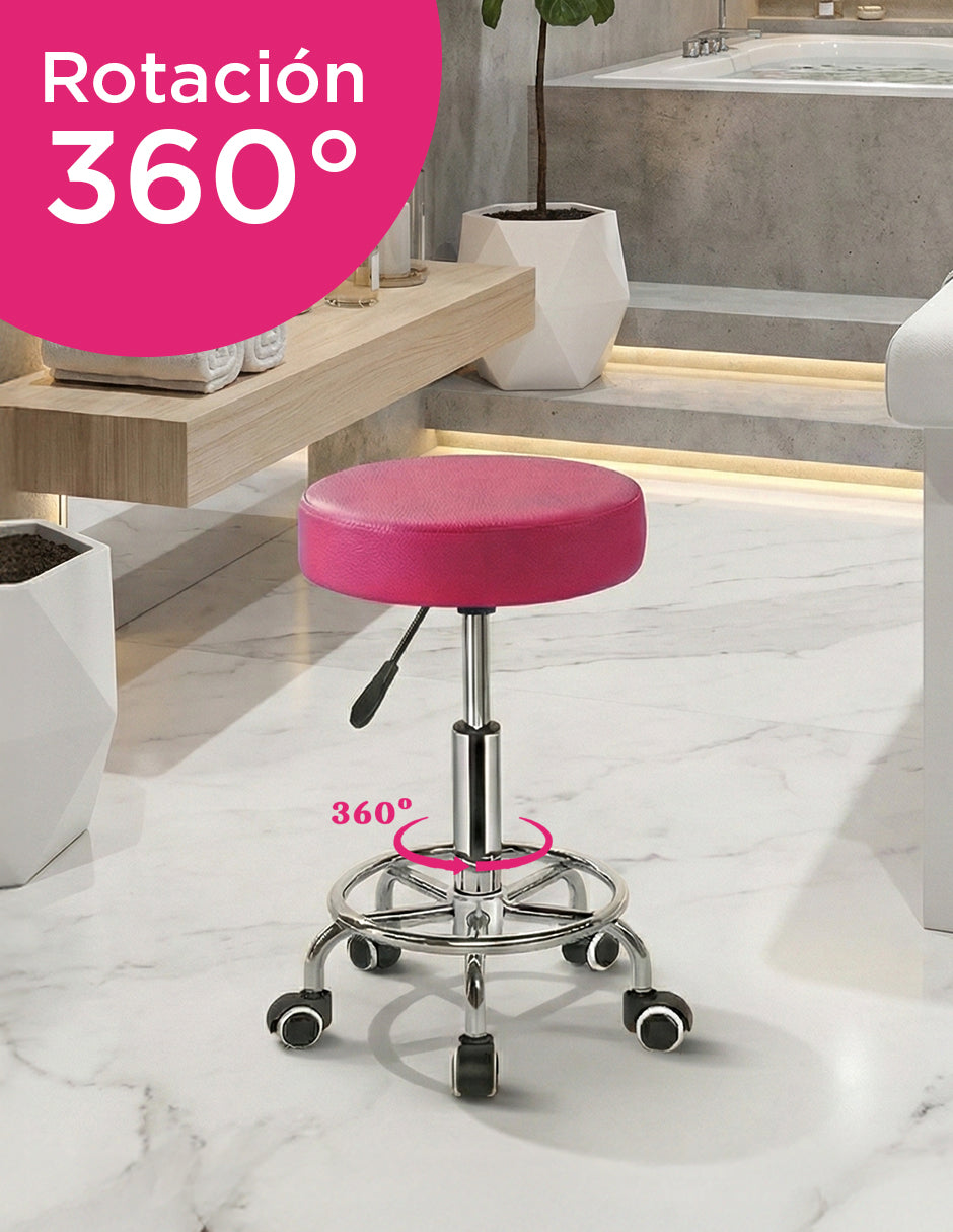 Banco Taburete Giratorio Rosa con Altura Ajustable Hidráulica, Base de Acero Cromado y 5 Ruedas Multisuperficie