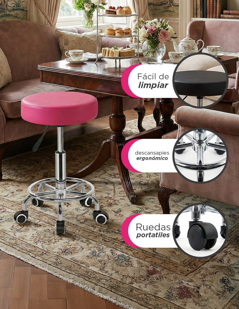 Banco Taburete Giratorio Rosa con Altura Ajustable Hidráulica, Base de Acero Cromado y 5 Ruedas Multisuperficie