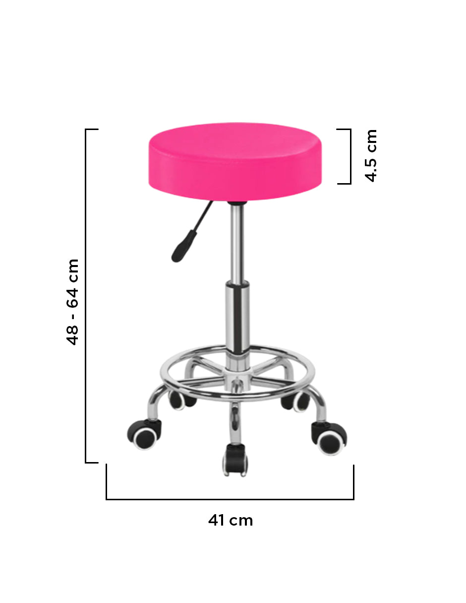 Banco Taburete Giratorio Rosa con Altura Ajustable Hidráulica, Base de Acero Cromado y 5 Ruedas Multisuperficie