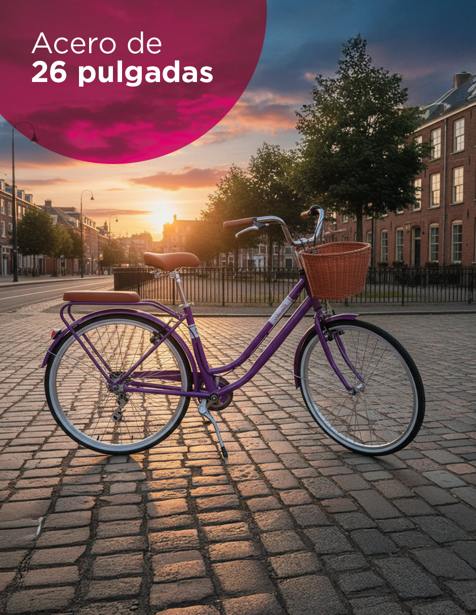 Bicicleta Urbana Retro Viena Rodada 26 Morada con Canasta, Cojín Trasero y Transmisión de 7 Velocidades