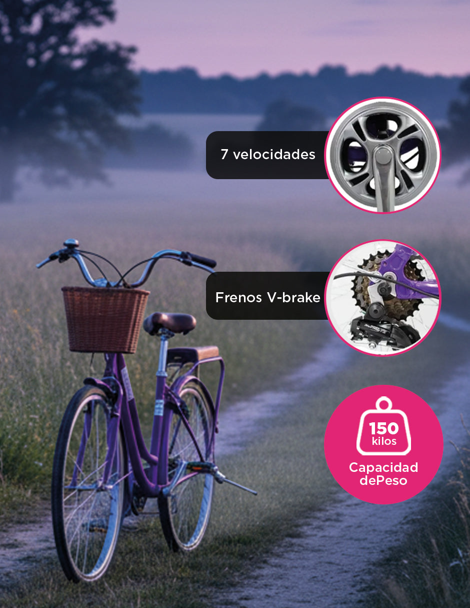Bicicleta Urbana Retro Viena Rodada 26 Morada con Canasta, Cojín Trasero y Transmisión de 7 Velocidades