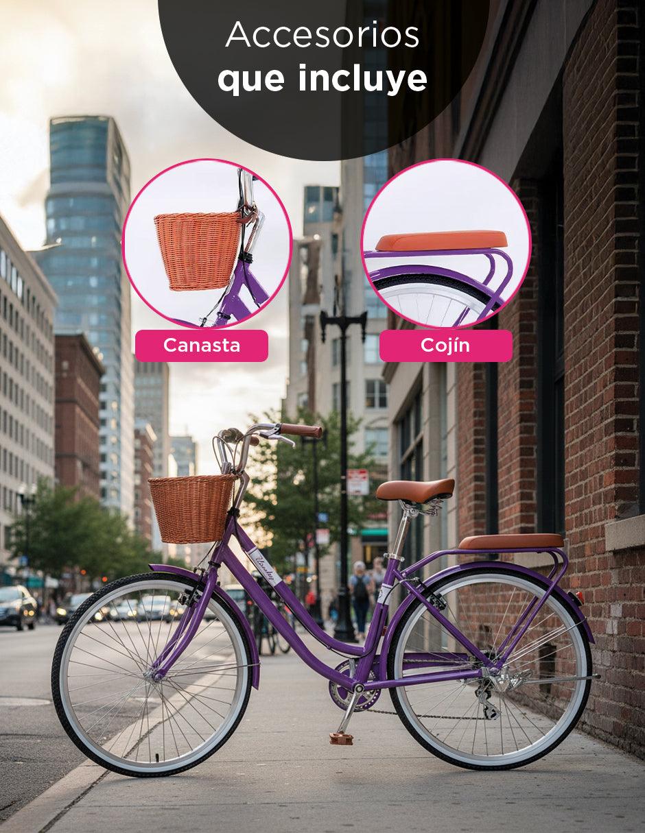 Bicicleta Urbana Retro Viena Rodada 26 Morada con Canasta, Cojín Trasero y Transmisión de 7 Velocidades