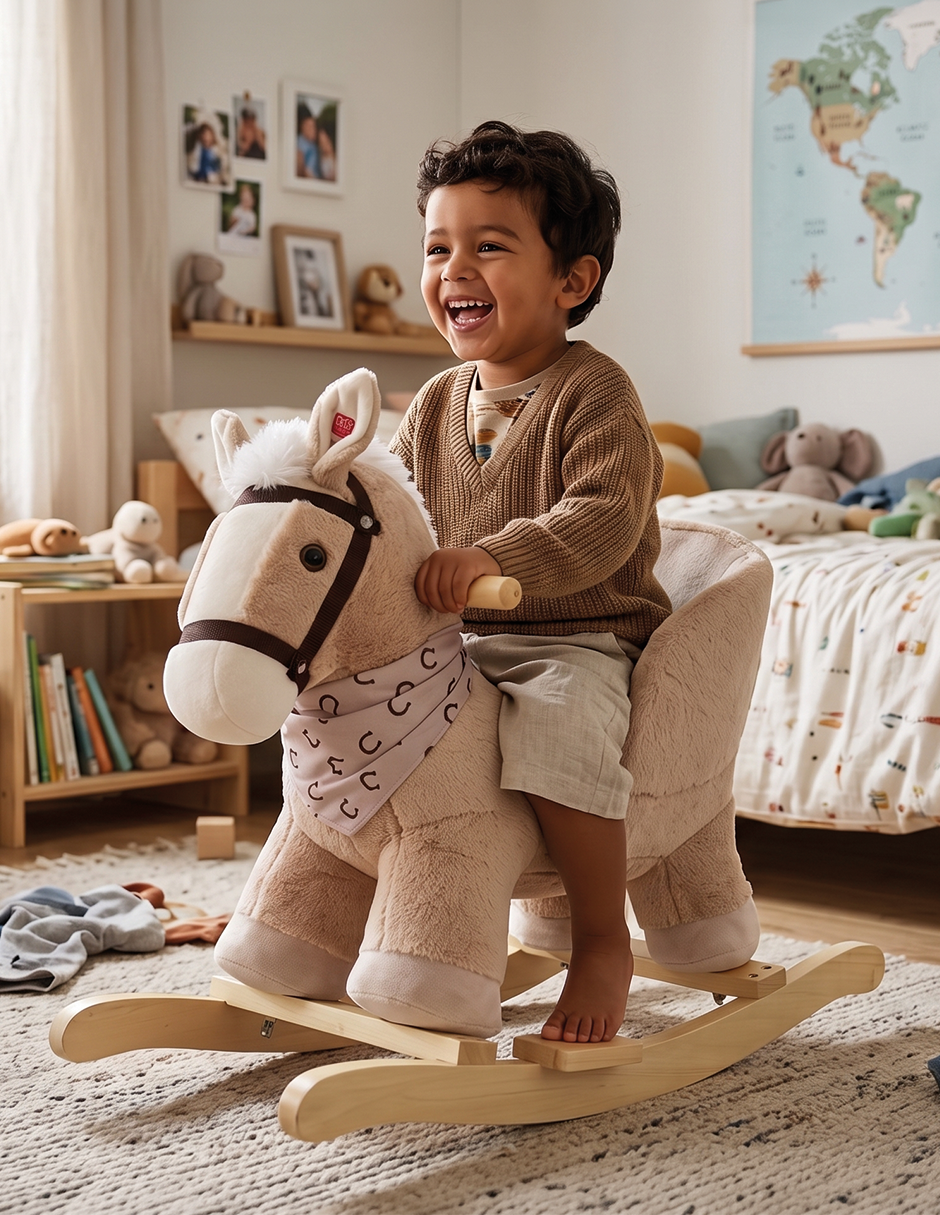 Caballo Balancín Infantil Toffee Marrón de Felpa con Sonido de Relinchido y Asiento Acolchado