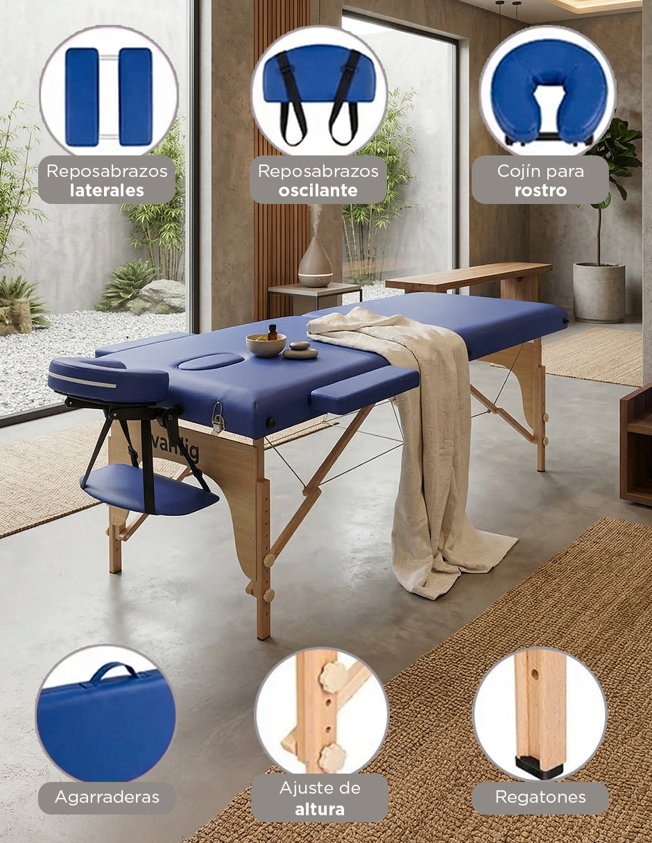 Cama de Masaje Portátil Camboya Azul – Camilla Plegable de Madera de Pino para Spa y Tatuajes