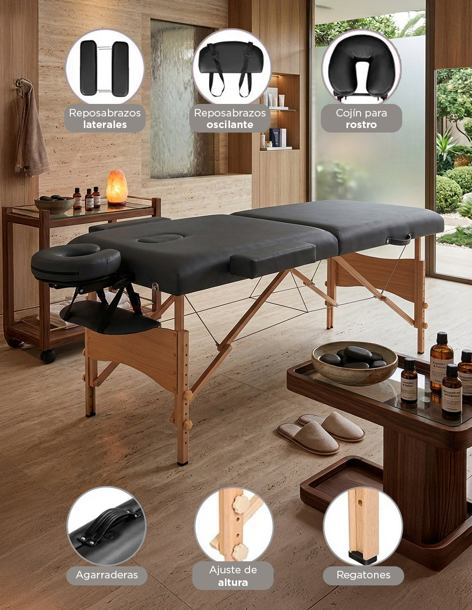 Cama de Masaje Portátil Camboya Negra – Camilla Plegable de Madera de Pino para Spa y Tatuajes