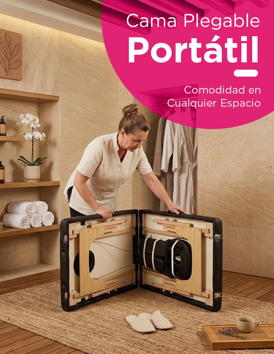 Cama de Masaje Portátil Camboya Negra – Camilla Plegable de Madera de Pino para Spa y Tatuajes