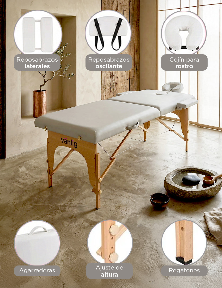 Cama de Masaje Portátil Camboya Blanca – Camilla Plegable de Madera de Pino para Spa y Tatuajes