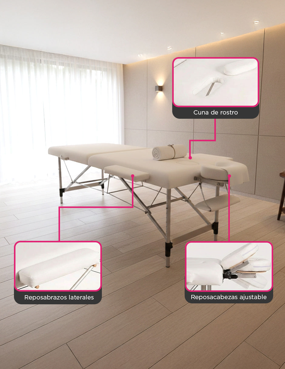 Cama de Masaje Portátil Plegable de Aluminio Pataya Blanco Vanlig con Altura Ajustable y Accesorios