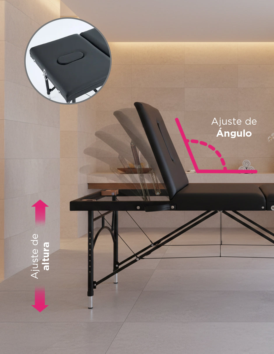 Cama de Masaje Portátil de Aluminio Damasco Negra – Camilla Plegable y Ajustable para Spa y Tatuajes