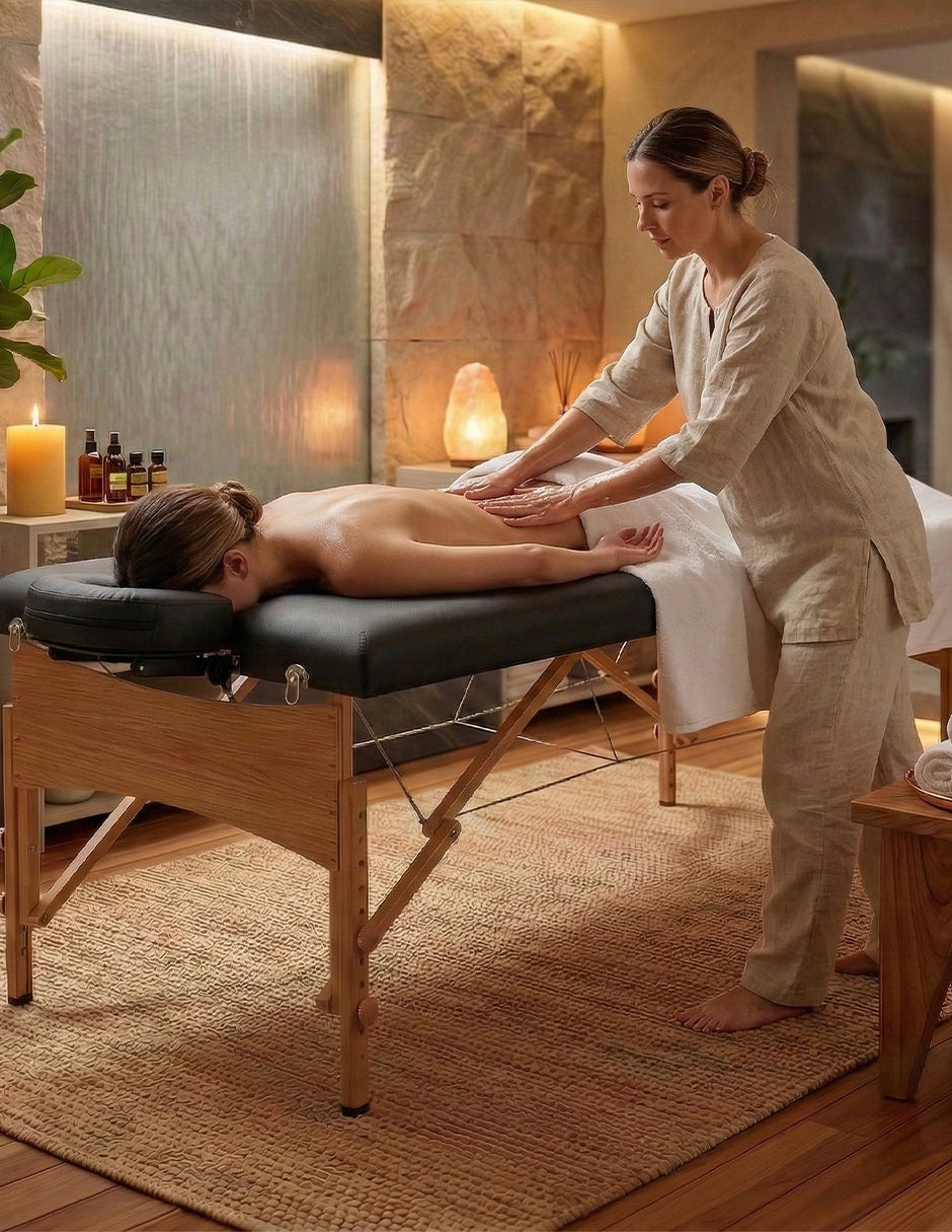 Cama de Masaje Portátil de Madera Maldiva Negra – Mesa de Masajes Plegable con Altura Ajustable
