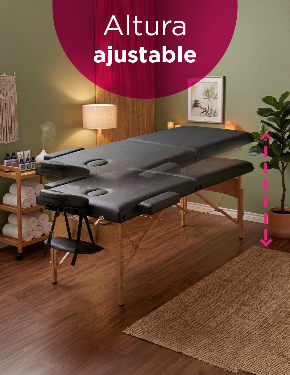 Cama de Masaje Portátil de Madera Maldiva Negra – Mesa de Masajes Plegable con Altura Ajustable