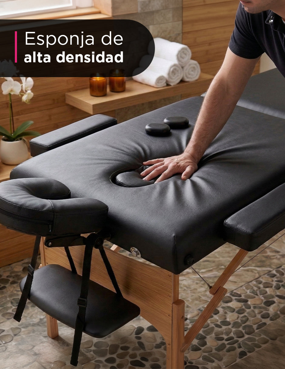 Cama de Masaje Portátil de Madera Maldiva Negra – Mesa de Masajes Plegable con Altura Ajustable