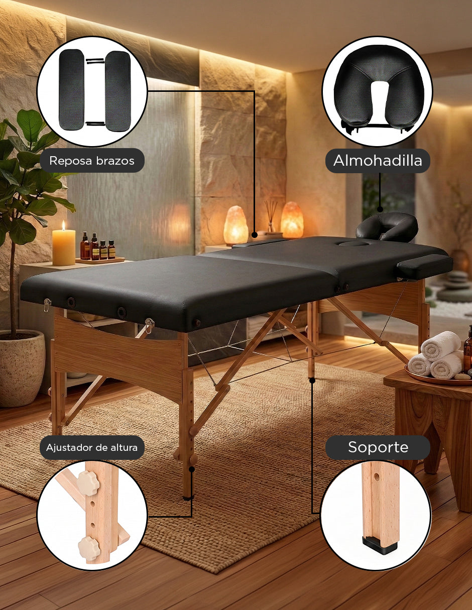 Cama de Masaje Portátil de Madera Maldiva Negra – Mesa de Masajes Plegable con Altura Ajustable