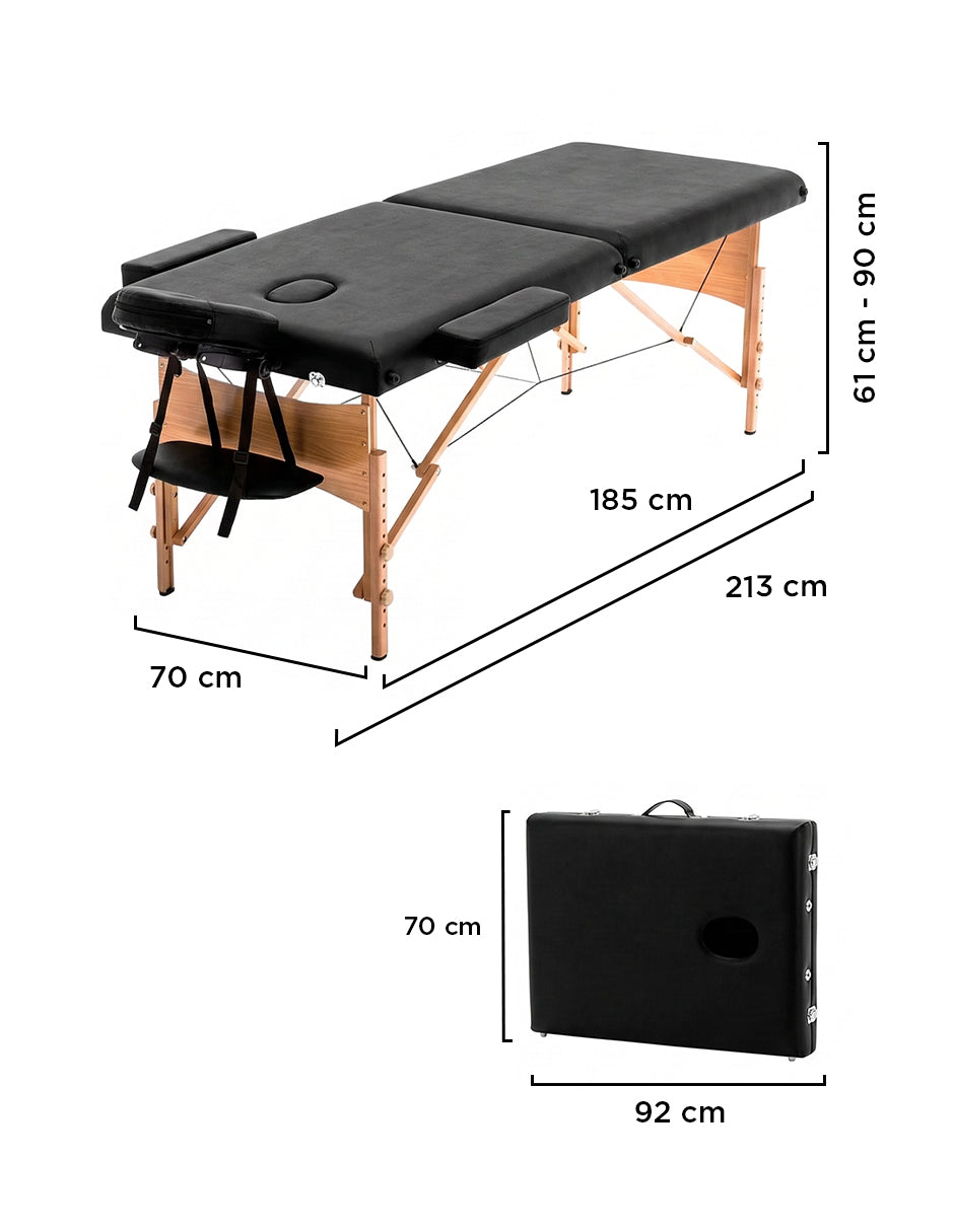 Cama de Masaje Portátil de Madera Maldiva Negra – Mesa de Masajes Plegable con Altura Ajustable