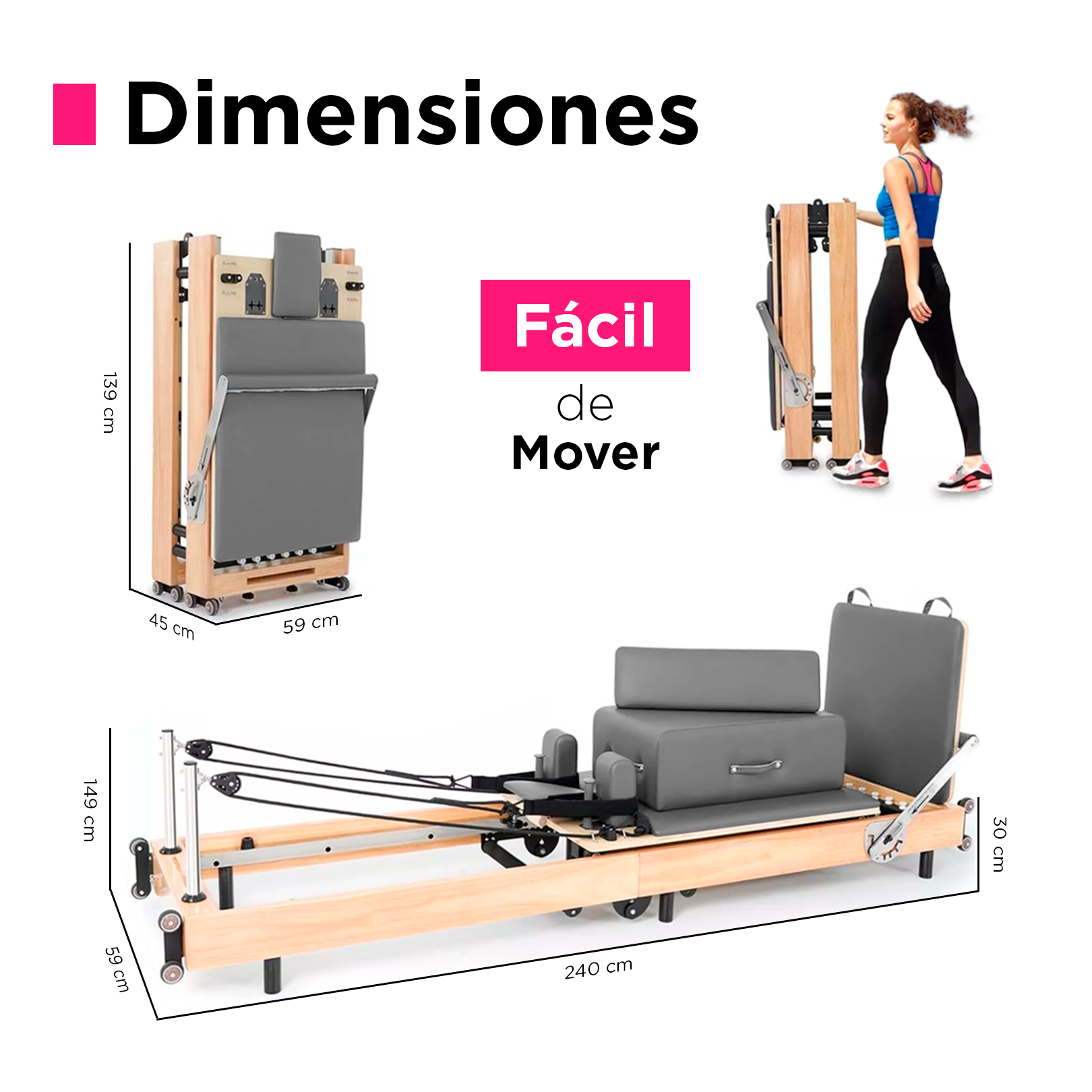 Cama de Pilates Reformer Profesional de Roble Plegable Gris
