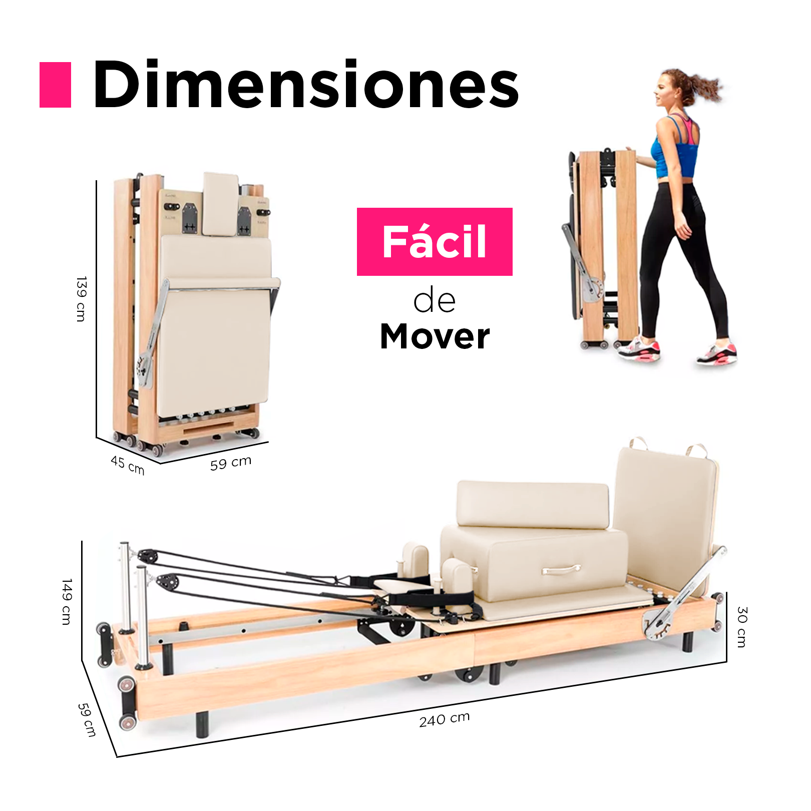 Cama de Pilates Reformer Profesional de Roble Plegable Beige