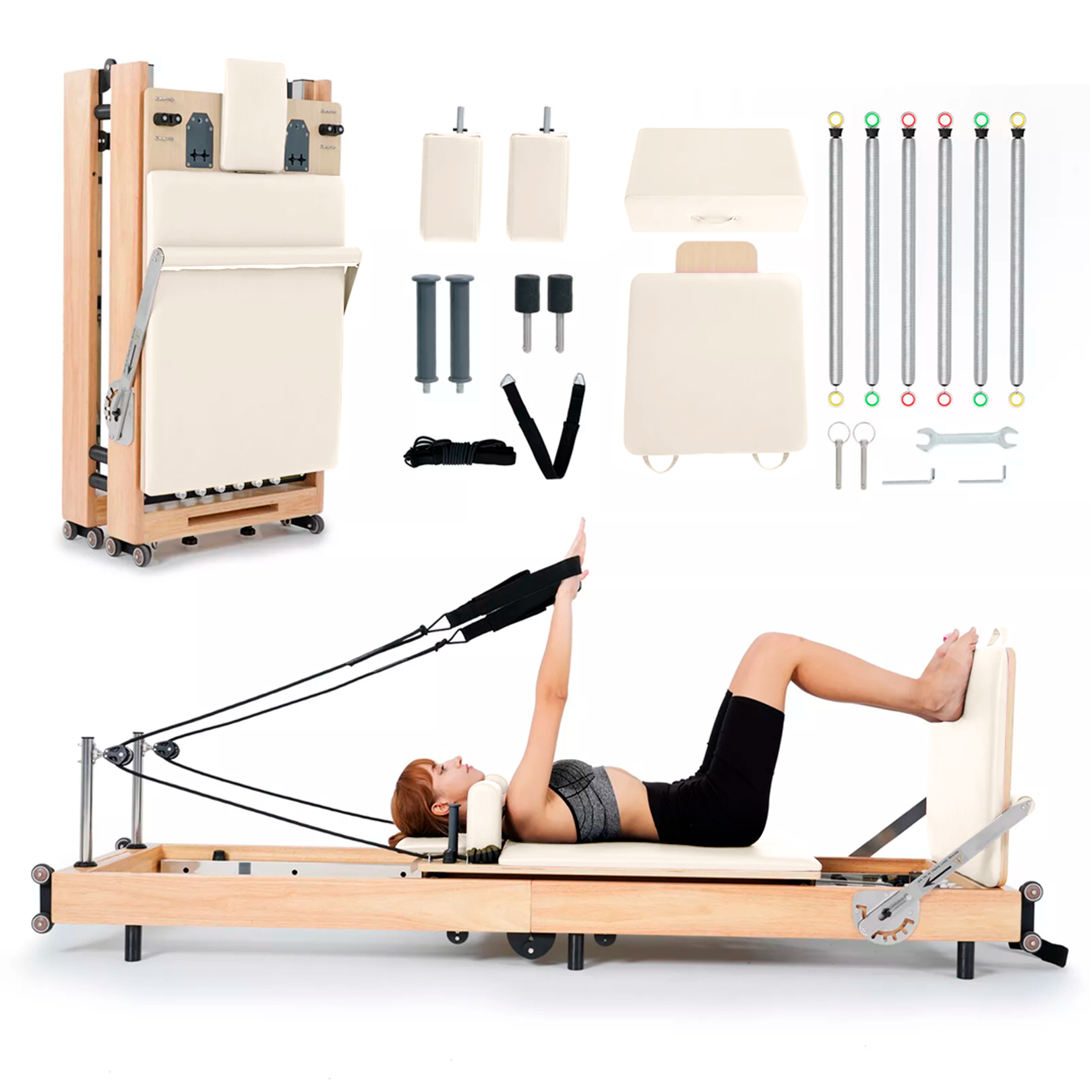 Cama de Pilates Reformer Profesional de Roble Plegable Beige
