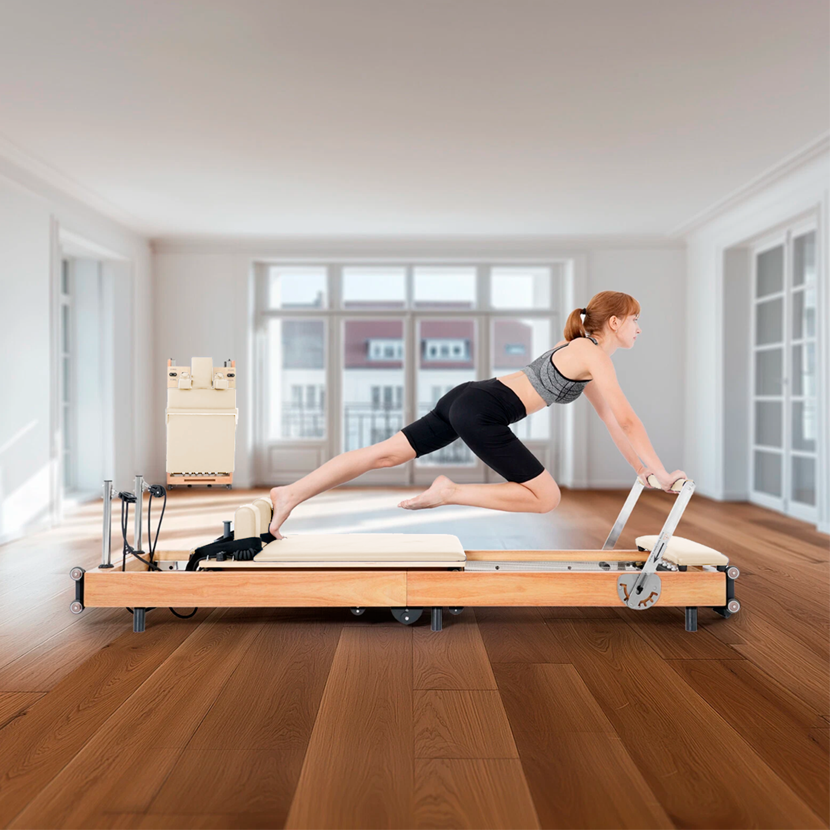 Cama de Pilates Reformer Profesional de Roble Plegable Beige