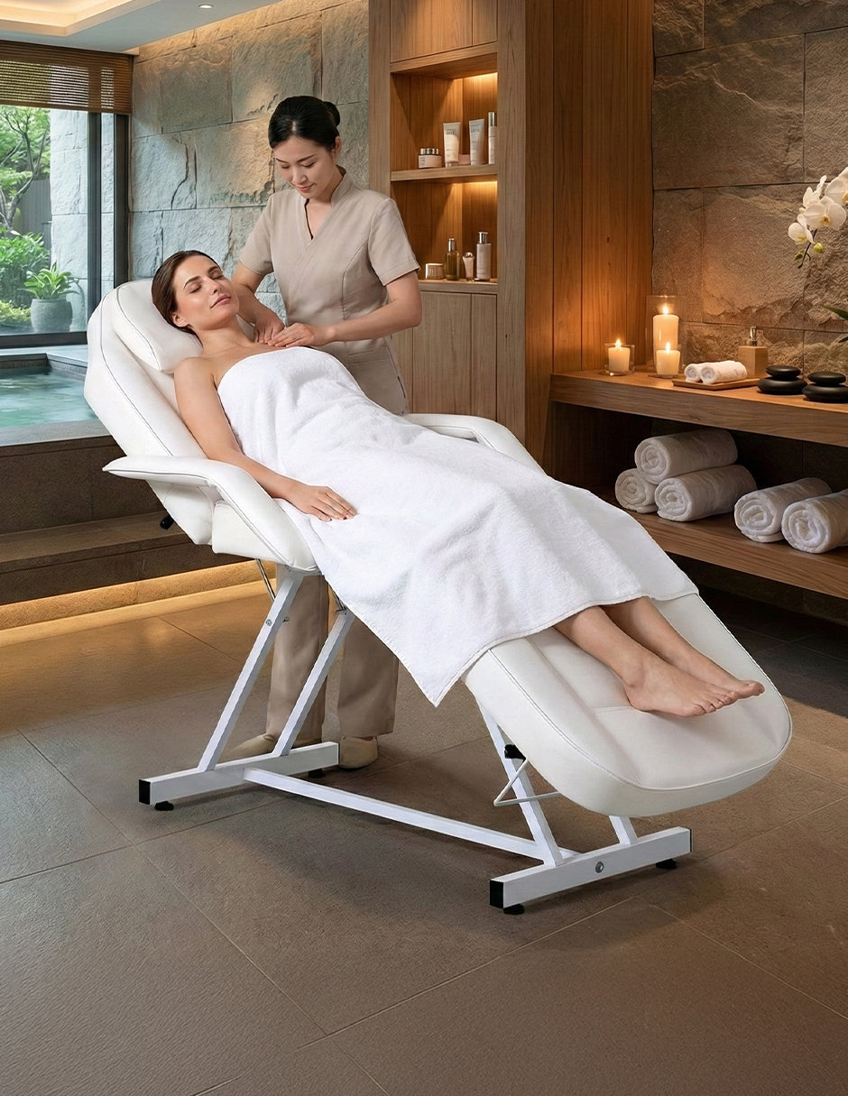 Camilla para Spa y Masaje Thai Ajustable Blanca con Taburete Giratorio, Estructura de Acero y Cojín Extraíble