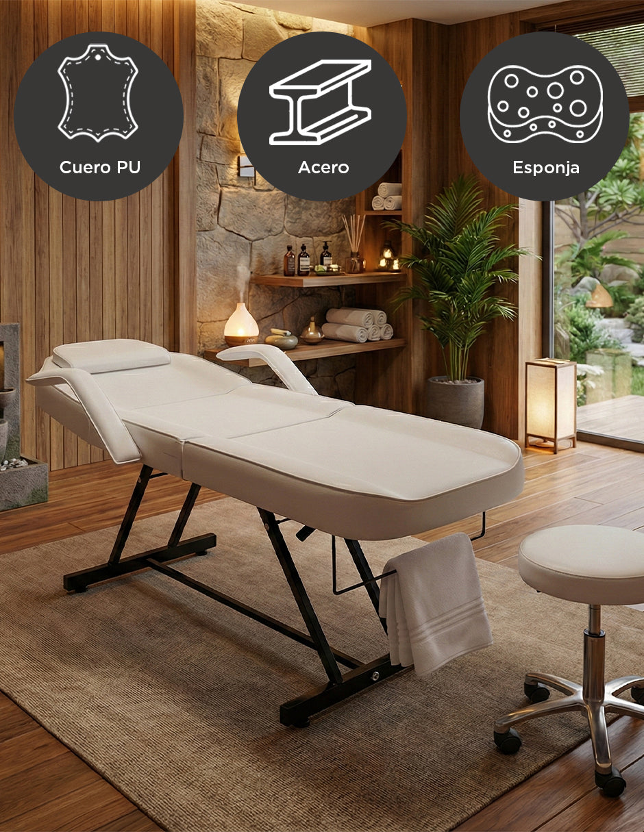 Camilla para Spa y Masaje Thai Ajustable Blanca con Taburete Giratorio, Estructura de Acero y Cojín Extraíble