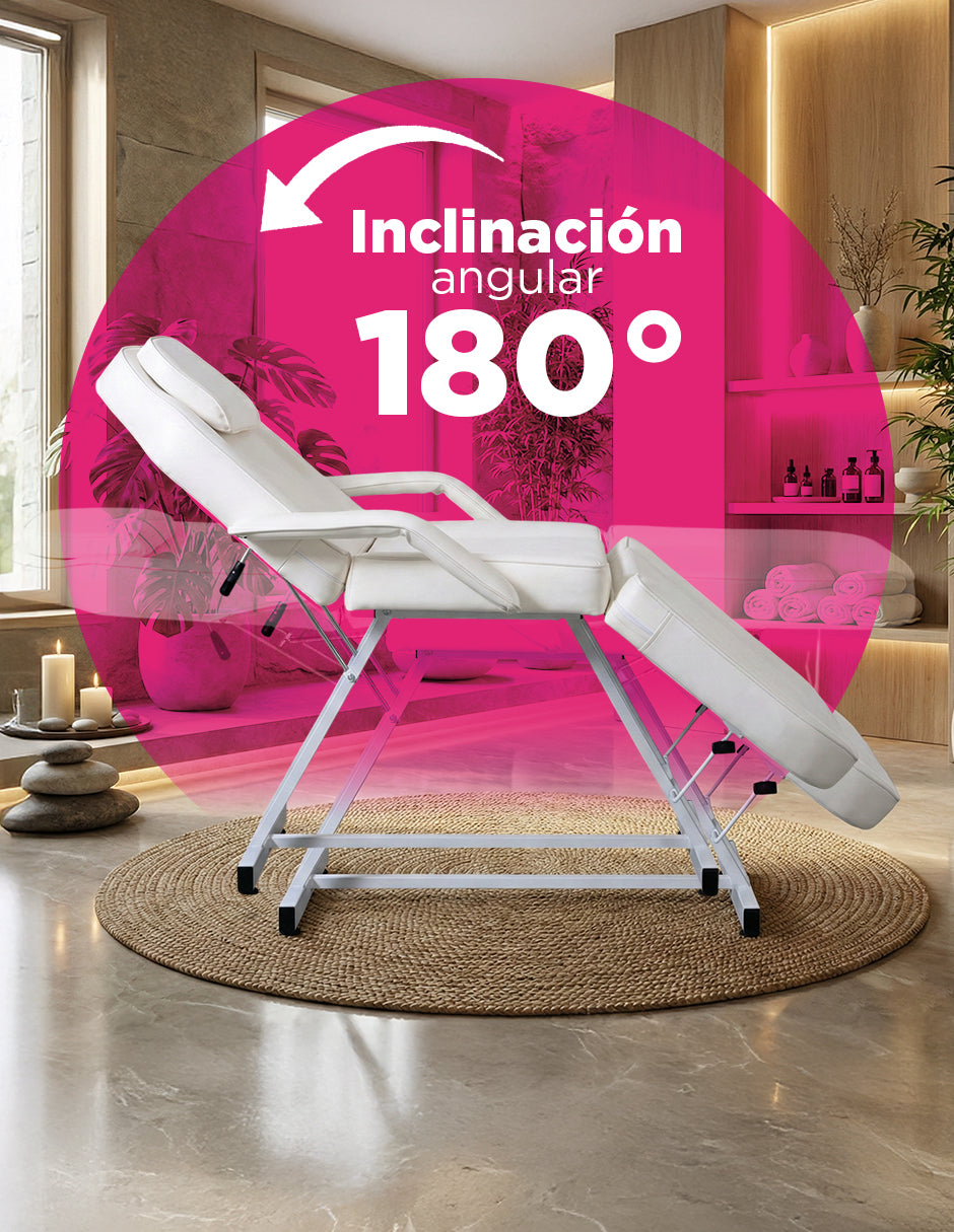 Camilla para Spa y Masaje Thai Ajustable Blanca con Taburete Giratorio, Estructura de Acero y Cojín Extraíble