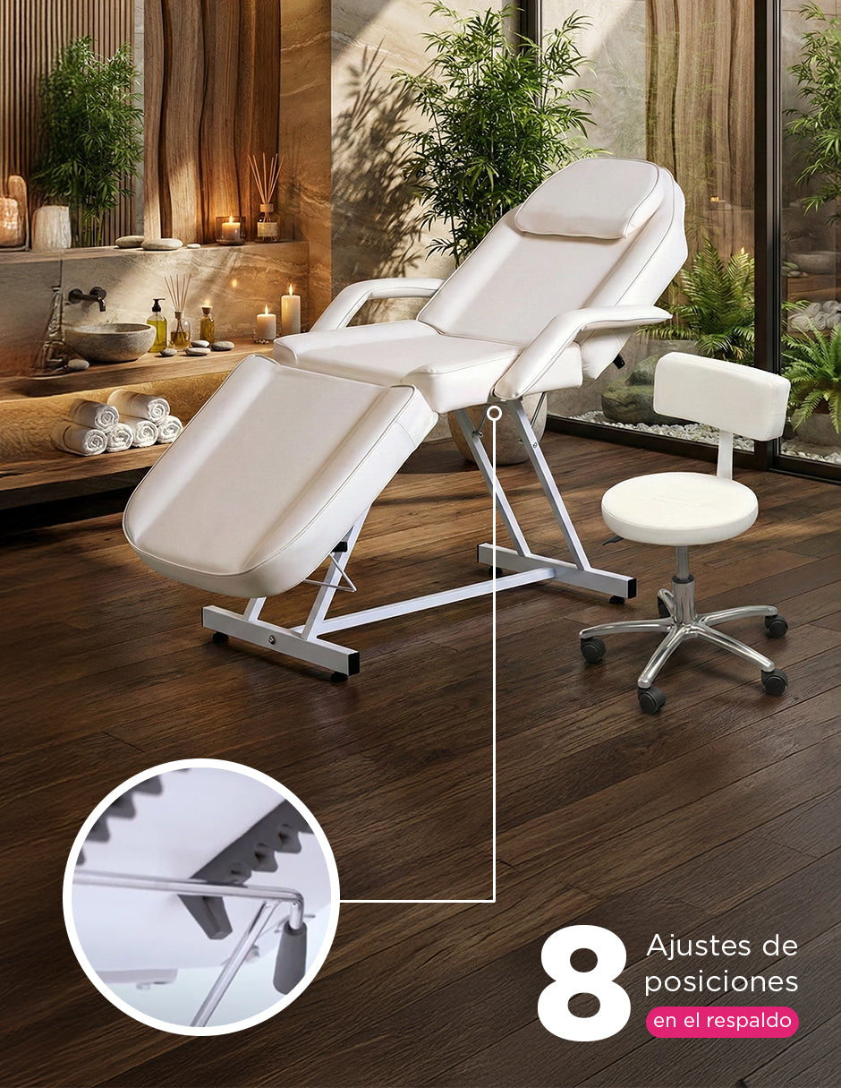 Camilla para Spa y Masaje Thai Ajustable Blanca con Taburete Giratorio, Estructura de Acero y Cojín Extraíble