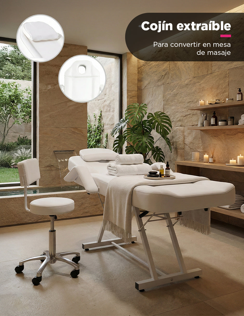 Camilla para Spa y Masaje Thai Ajustable Blanca con Taburete Giratorio, Estructura de Acero y Cojín Extraíble