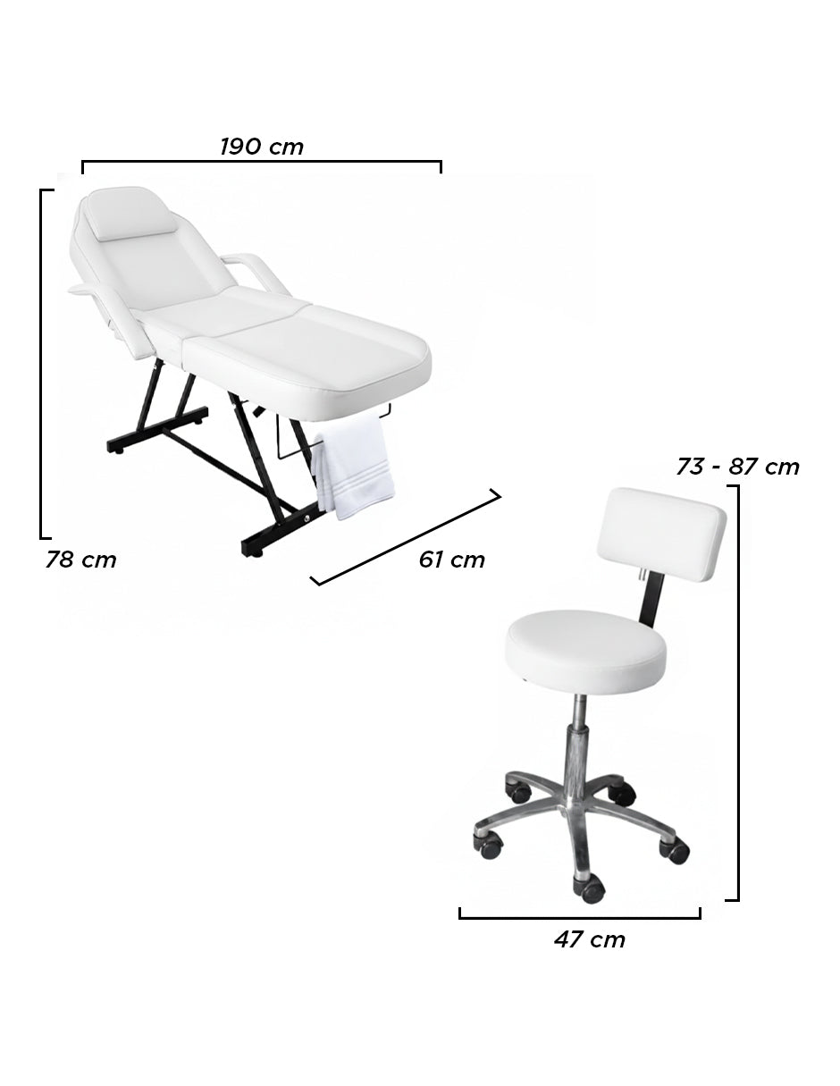 Camilla para Spa y Masaje Thai Ajustable Blanca con Taburete Giratorio, Estructura de Acero y Cojín Extraíble