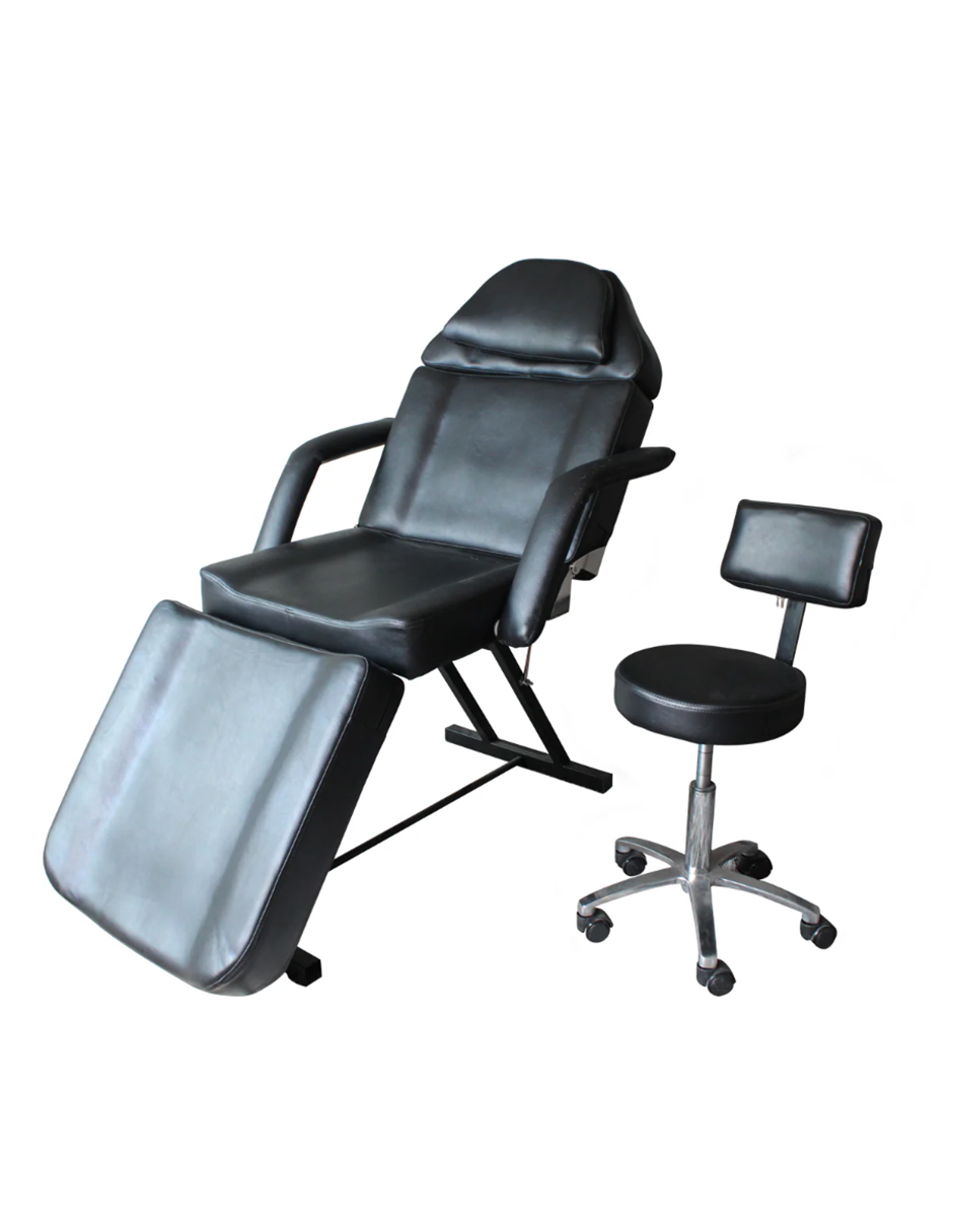 Camilla para Spa y Masaje Thai Ajustable Negra con Taburete Giratorio, Estructura de Acero y Cojín Extraíble