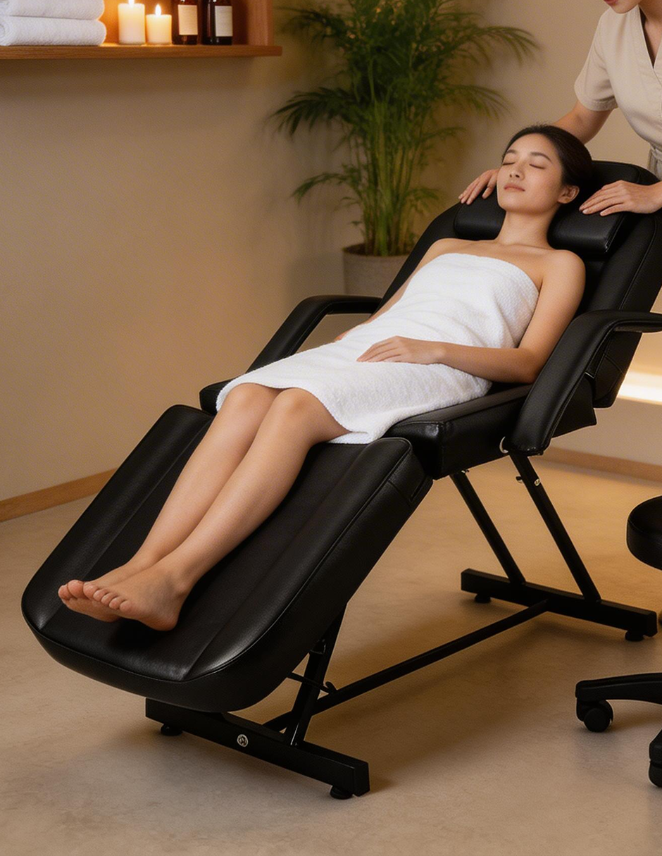 Camilla para Spa y Masaje Thai Ajustable Negra con Taburete Giratorio, Estructura de Acero y Cojín Extraíble