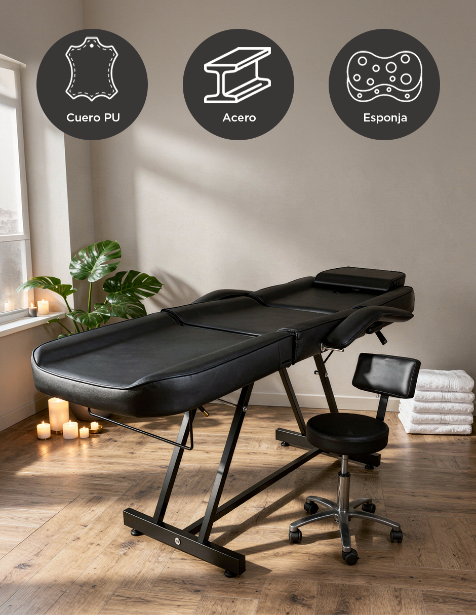 Camilla para Spa y Masaje Thai Ajustable Negra con Taburete Giratorio, Estructura de Acero y Cojín Extraíble