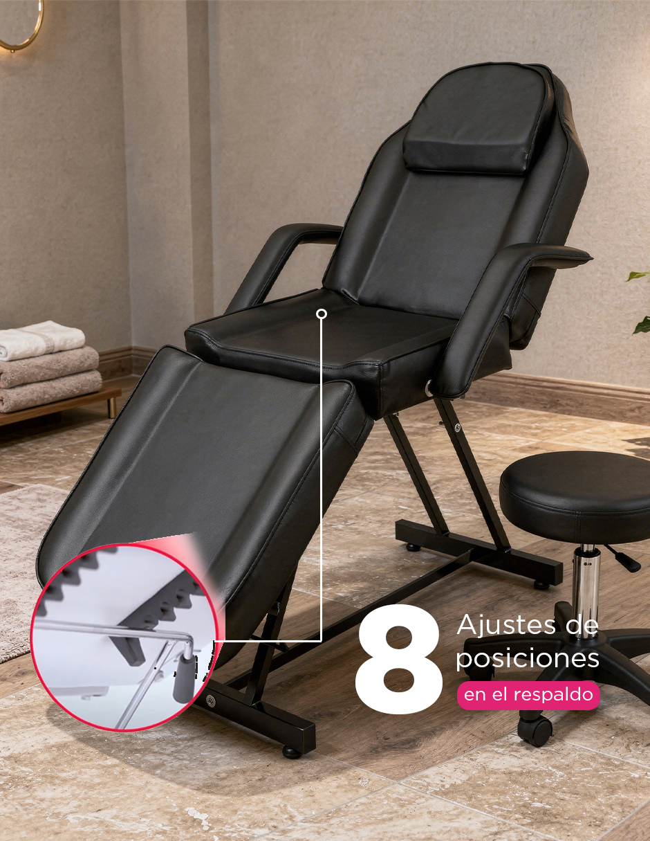 Camilla para Spa y Masaje Thai Ajustable Negra con Taburete Giratorio, Estructura de Acero y Cojín Extraíble