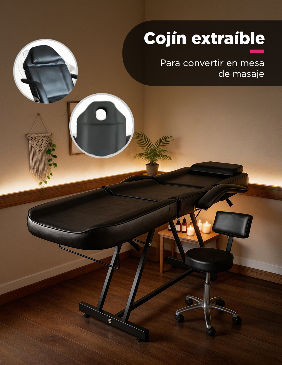 Camilla para Spa y Masaje Thai Ajustable Negra con Taburete Giratorio, Estructura de Acero y Cojín Extraíble