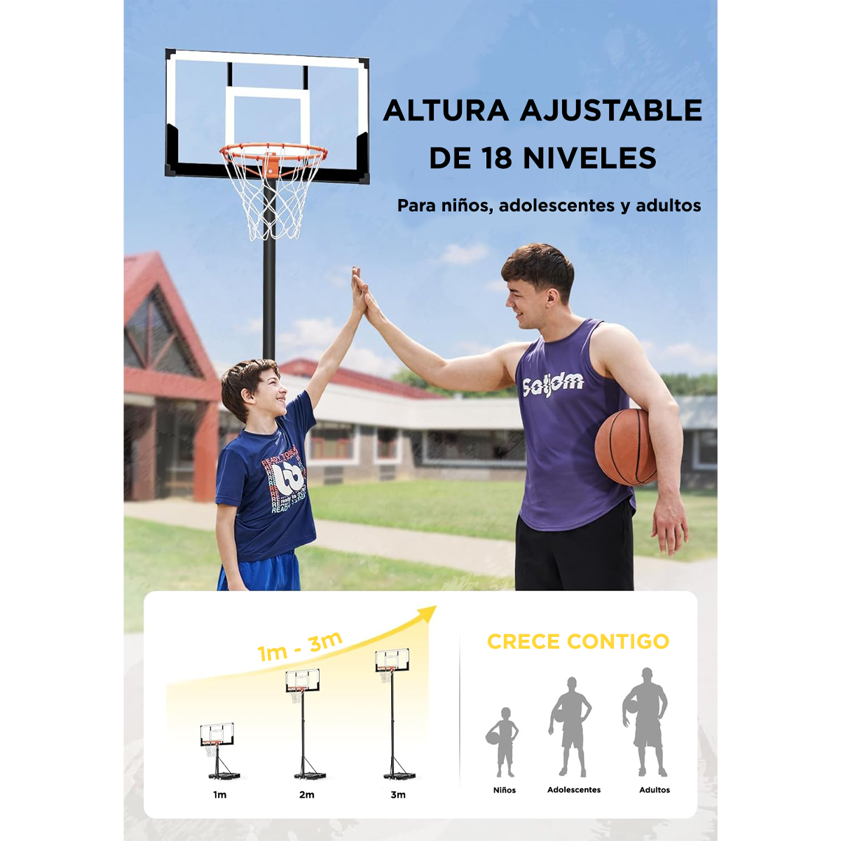 Canasta de Básquet Portátil con Altura Ajustable (1 a 3 m) – Tablero de 38”