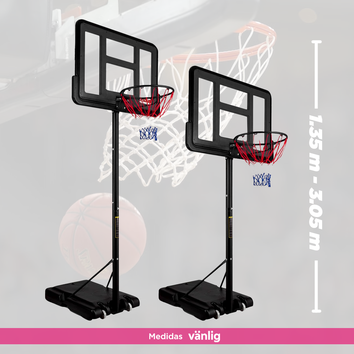 Canasta de Basquetbol Exterior Ajustable 1.50 a 3.05 m Mambab Vänlig - Sistema de Baloncesto Portátil con Tablero 110x75 cm
