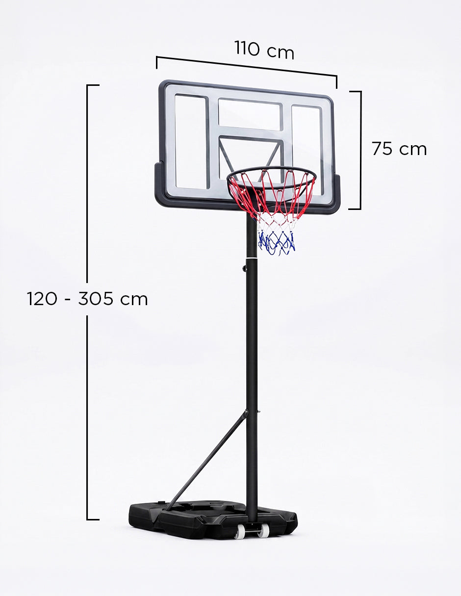 Canasta de Basquetbol Portátil Ajustable de 1.20 a 3.05 Metros con Tablero de 110 cm, con Resortes de Absorción de Impacto
