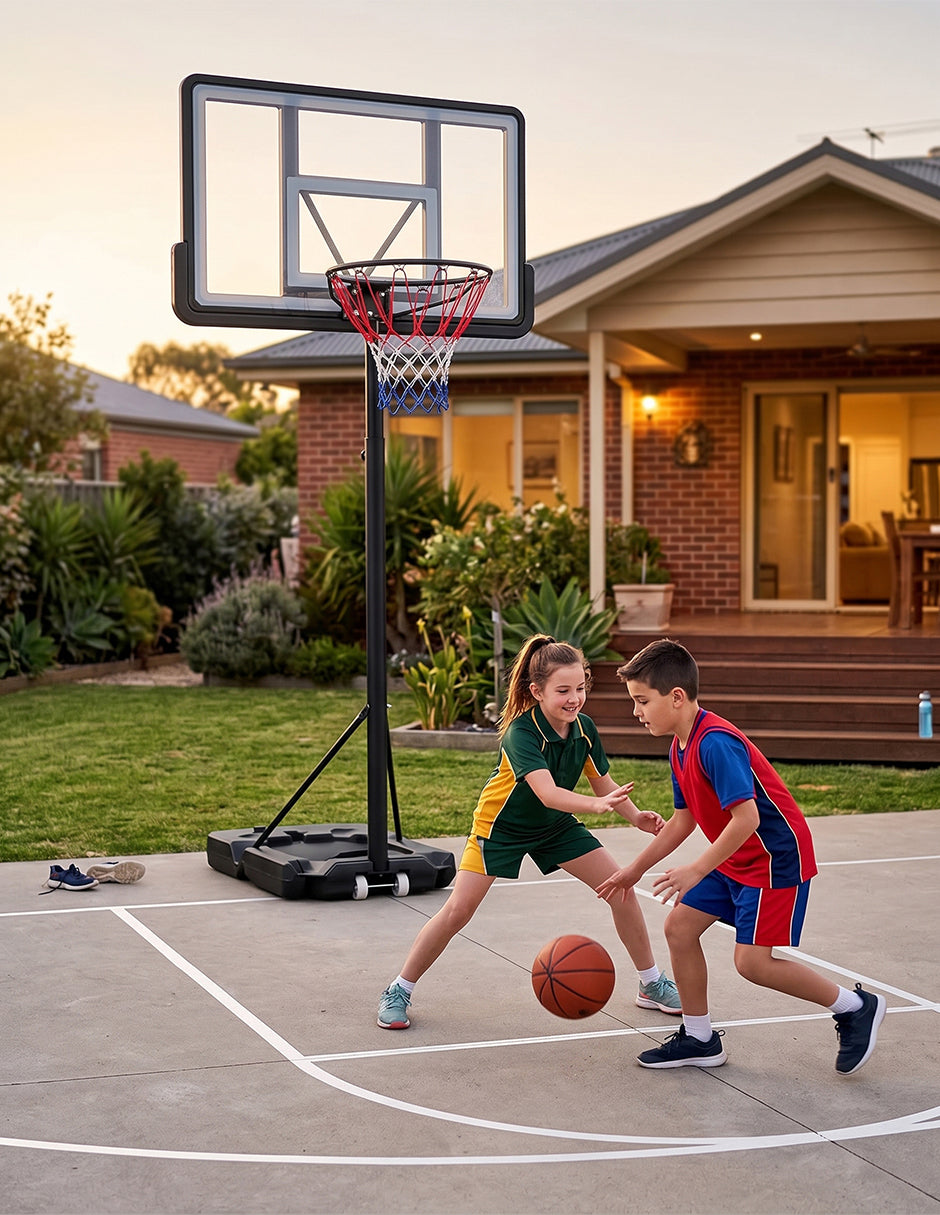 Canasta de Basquetbol Portátil Ajustable de 1.20 a 3.05 Metros con Tablero de 110 cm, con Resortes de Absorción de Impacto