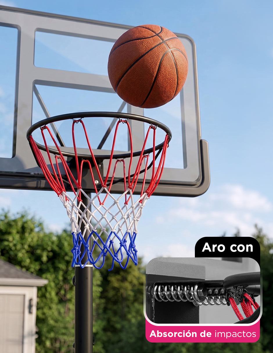 Canasta de Basquetbol Portátil Ajustable de 1.20 a 3.05 Metros con Tablero de 110 cm, con Resortes de Absorción de Impacto